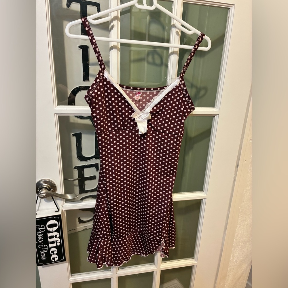 Polka Dot Satin Chemise with Lace Trim - Burgundy polyester soft
